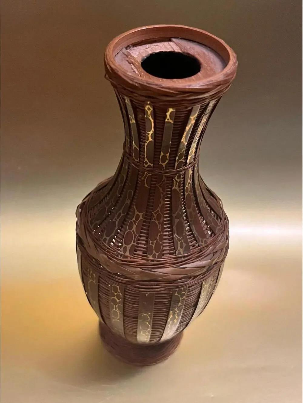 Vintage Wood & Rattan Wicker Vase Candle Holder with Golden Maroon Green Accents
